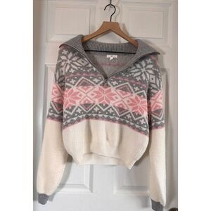 BP Quarter Zip Sweater Women Small Pink Gray Fair Isle Pullover Nordic